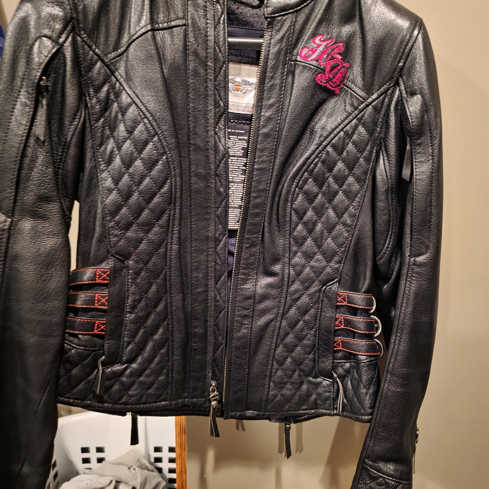 Harley-Davidson Black Leather Quilted Jacket with Pink Accent
